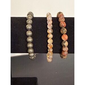 Natural Gemstone Bead Bracelet Set Pyrite Jasper Rutilated Quartz Stretch 3pc
